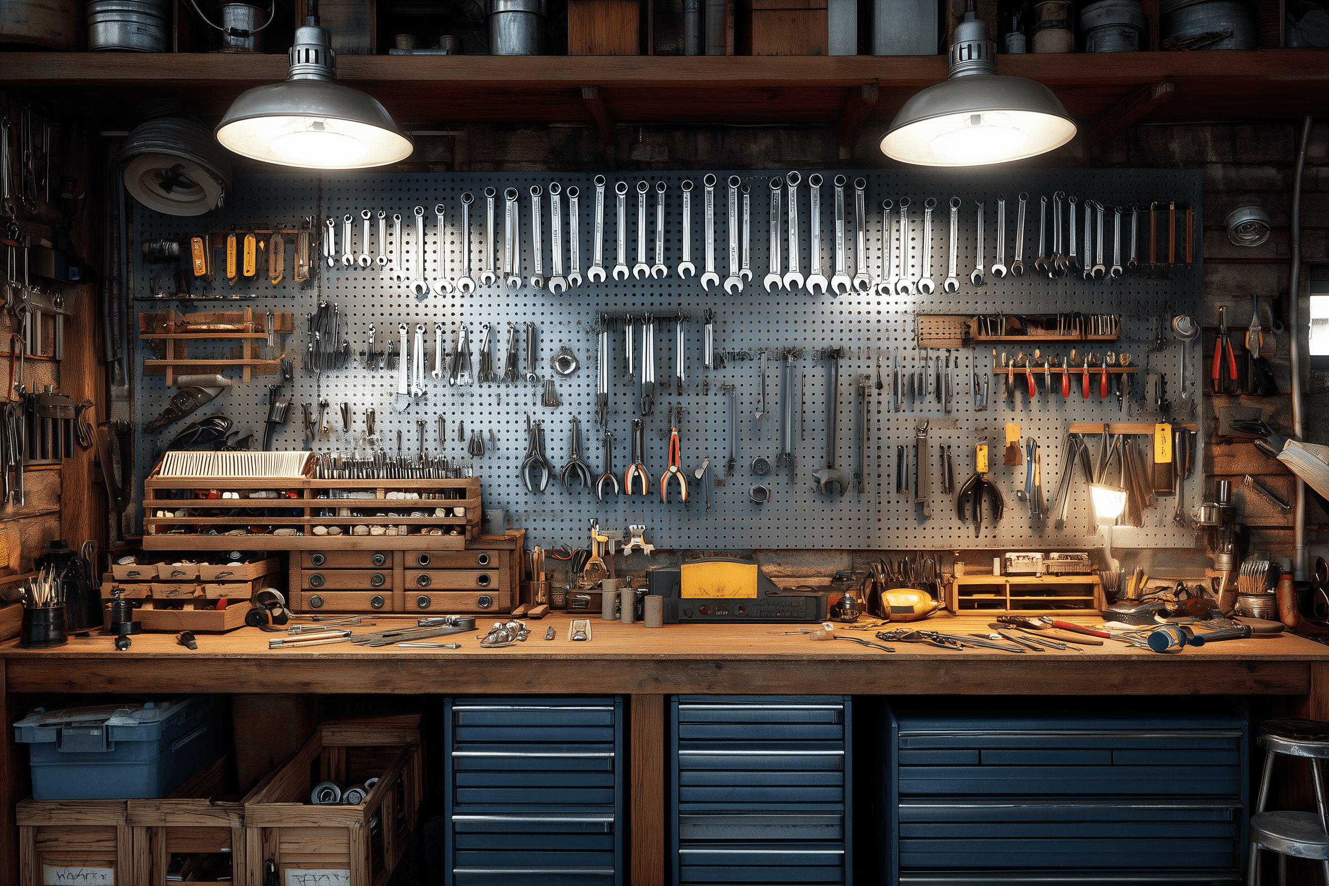 Hand tools organized on a shop wall