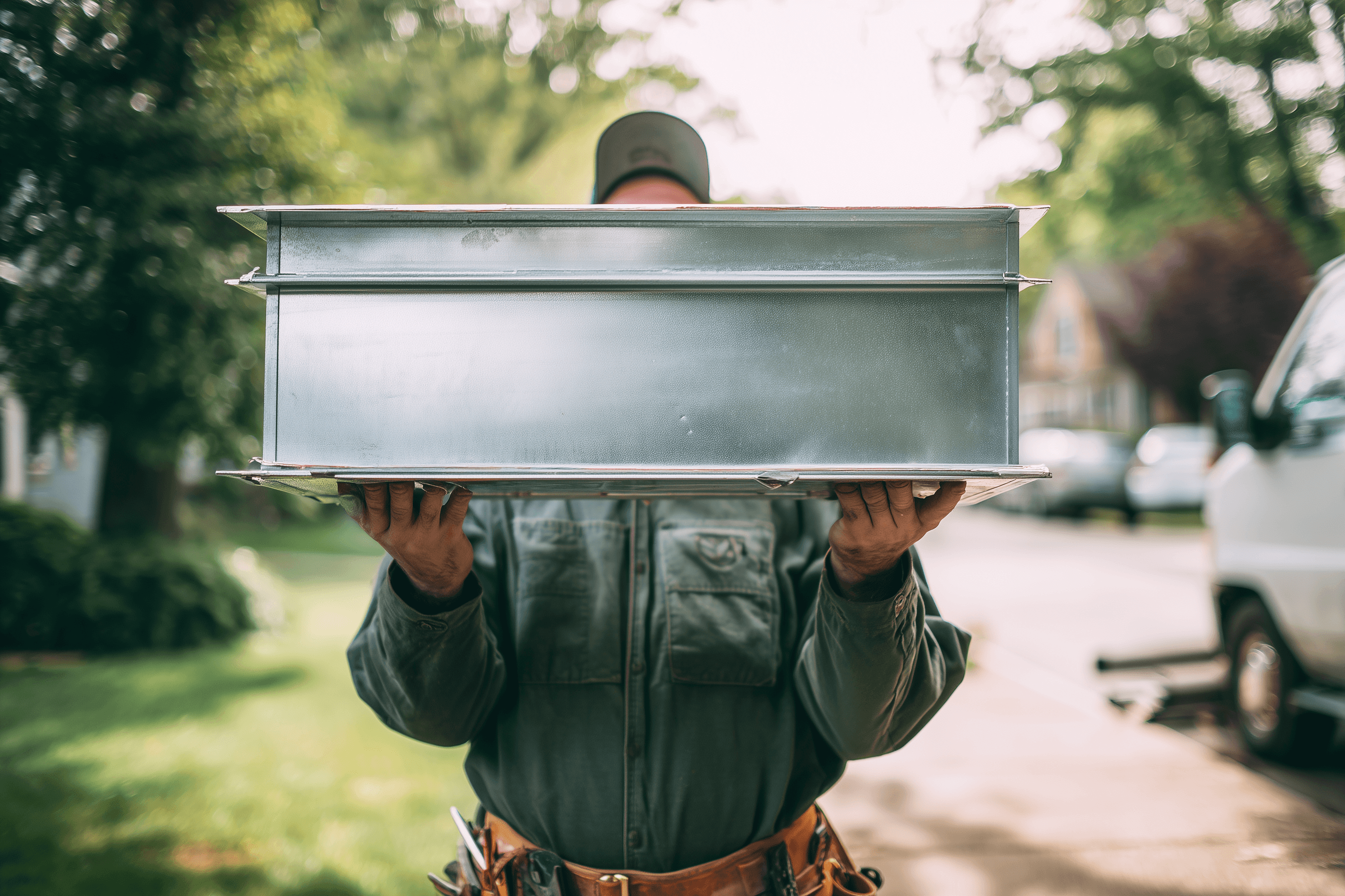 Technician carrying a section of custom ductwork